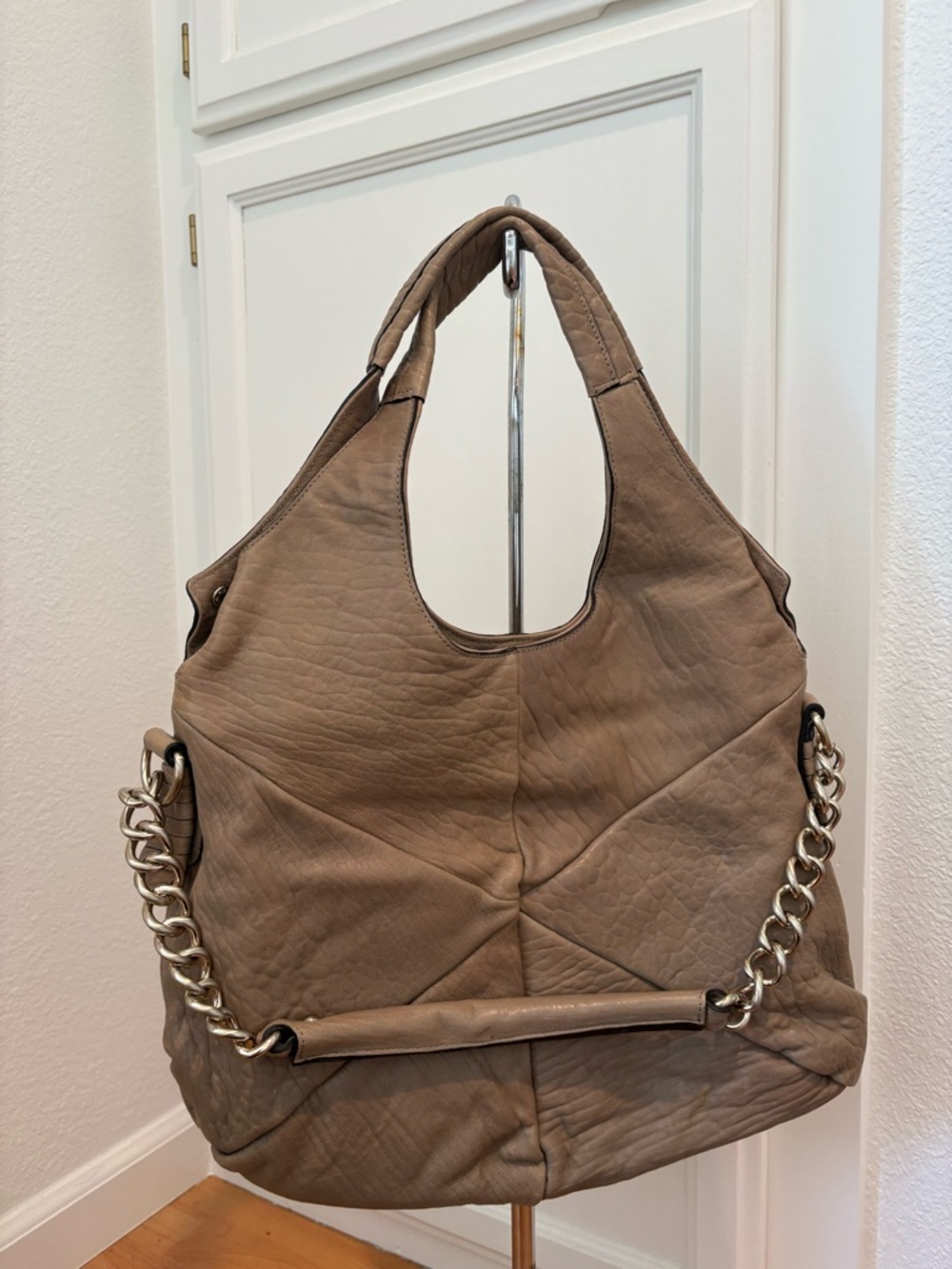 Slouchy Taupe Shoulder Hobo with Chain Strap